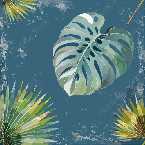 Stylized artistic illustration of a tropical Monstera leaf.