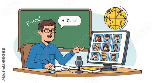 Online learning illustration featuring teacher and students in a virtual classroom setting