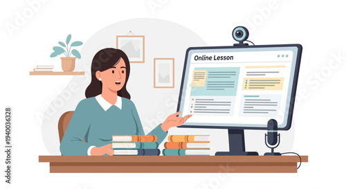 Online Lesson: Teacher Explains Subject on Computer Screen with Books and Microphone