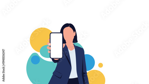 Anonymous businesswoman holding up a smartphone with a blank white screen for custom content on a colorful abstract background.