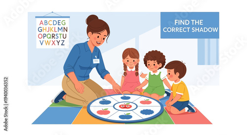 Preschool Teacher Engages Children in Alphabet and Shape Matching Game on Floor