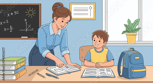 Teacher assisting a student with their lesson in a classroom setting illustration
