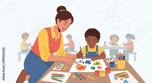 Teacher guiding child painting in art class, diverse students learning creativity and education