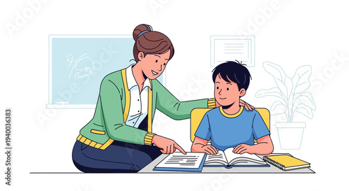 Teacher helping student with homework at desk, education and learning concept