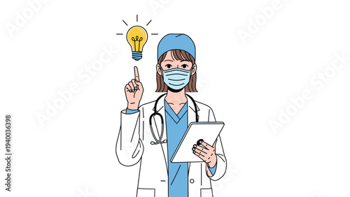 Professional female doctor wearing a face mask and cap holding a tablet while pointing to a glowing lightbulb for a medical idea.