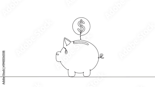 Piggy bank with dollar coin, single line drawing for saving money icon, illustration. featuring finance, investment, wealth with currency and banking