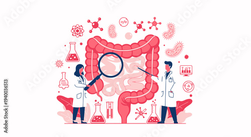 Scientists Examining Human Digestive System with Magnifying Glass.