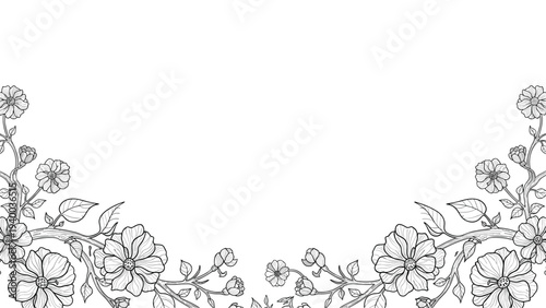 Intricate black and white floral border along the bottom edge with hand-drawn flowers and leaves in a beautiful botanical arrangement.