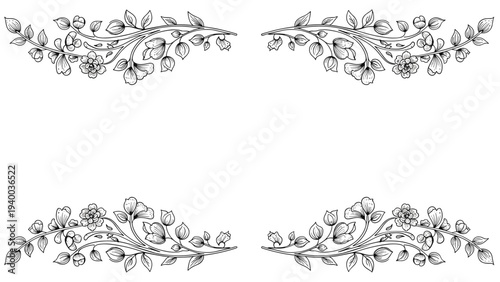 Set of four intricate black and white floral corner borders featuring delicate flowers and vine patterns for elegant page decoration.