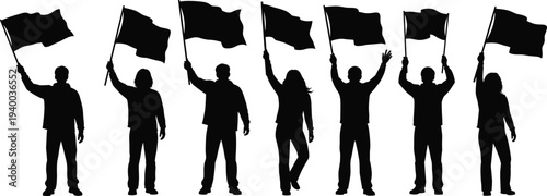 Silhouette of a diverse group of people standing together and proudly waving flags during a peaceful protest, parade, or celebration