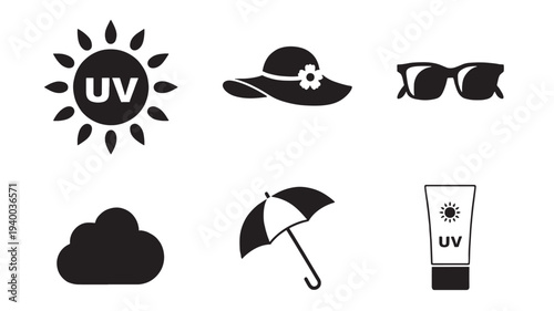 Sun protection icons with UV symbol, sun, hat, sunglasses, cloud, umbrella, and sunscreen tube featuring summer, beach, lotion with cream and eyewear
