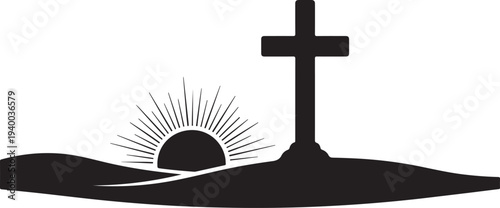 Christian cross on hill with sunrise silhouette landscape scene