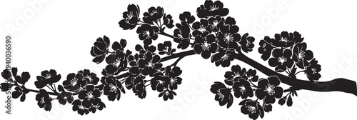 Black silhouette of a blooming tree branch with flowers