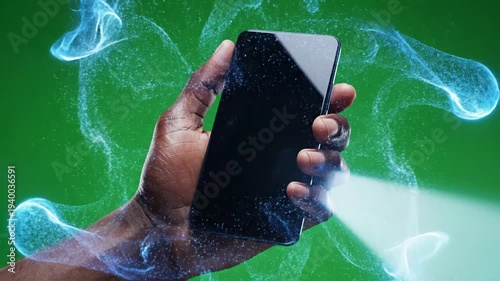 Wallpaper Mural Green Screen holding hand a mobile smartphone blue scene 1 with distortion, overlay, glitch, static noise, scan lines on black background, 4k animated video loop Torontodigital.ca