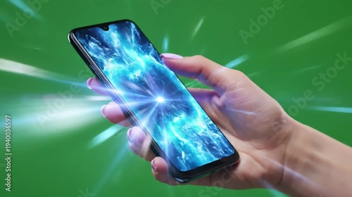 Wallpaper Mural Green Screen holding hand a mobile smartphone blue scene 3 with distortion, overlay, glitch, static noise, scan lines on black background, 4k animated video loop Torontodigital.ca