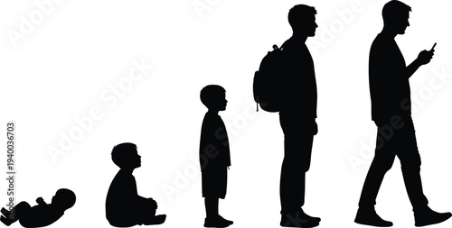 Silhouette of male human growth stages from infant baby to toddler child student and adult man using a modern smartphone