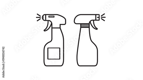Spray bottles line art with nozzles and labels for cleaning, set of two distinct designs, graphic icons
