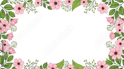 Lovely pink floral frame featuring delicate blossoms and green leaves arranged in a rectangular border on white background.