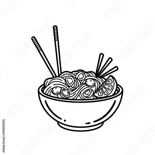 Noodle bowl with chopsticks and lime slices in minimalist style  