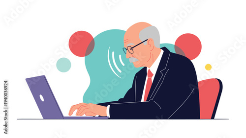 Distinguished senior man with glasses and a suit working diligently on his laptop computer against an abstract background.