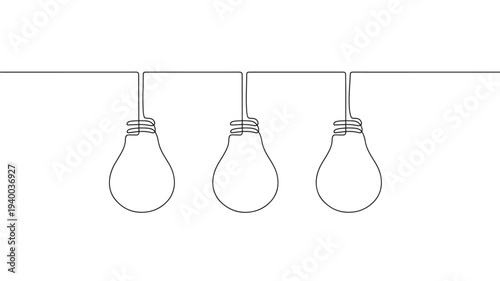 Light bulbs continuous line drawing with three objects and connecting wire for inspiration and ideas.