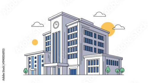 Architectural illustration of a modern multi-story school or office building with a clock tower and simple landscape.