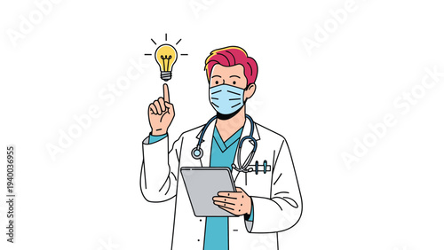 Male doctor wearing a surgical mask and stethoscope pointing to a glowing light bulb representing a medical breakthrough.