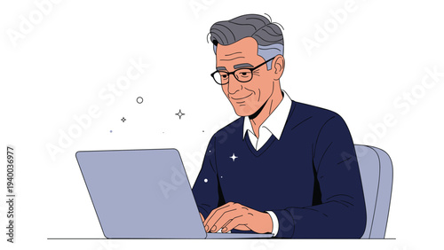 Happy senior man with gray hair and glasses smiling while using a laptop computer at his desk with sparkling elements.