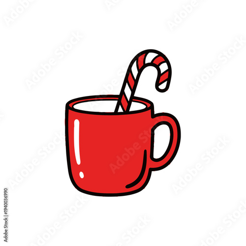 Red cup filled with beverage and striped candy cane  