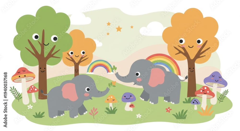 Naklejka premium Two cartoon elephants playing together in a colorful forest with trees and mushrooms under a rainbow sky
