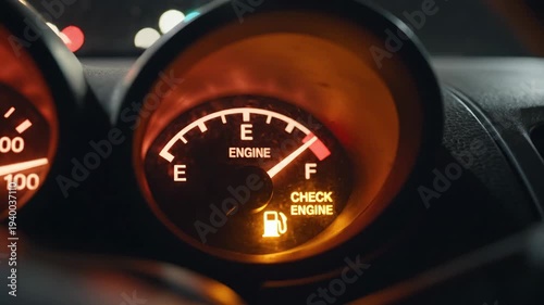 Check engine and low fuel warning lights on dashboard