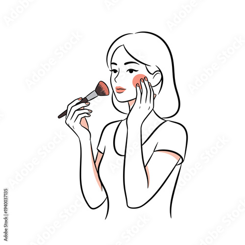 Young woman applying blush with makeup brush in minimalist style  