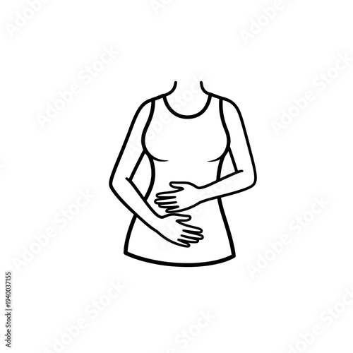 Woman holding her stomach in discomfort on white background  