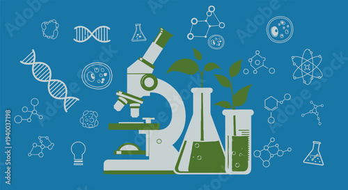 Laboratory equipment and scientific symbols illustration.