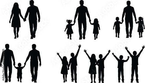 Happy family silhouettes walking together, parents with children holding hands and celebrating, parenting love lifestyle vector illustration set