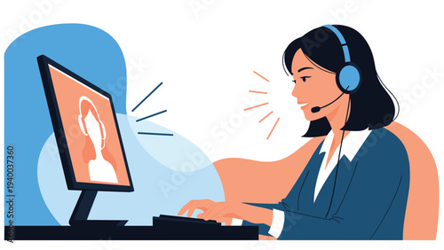 Focused female customer service representative wearing a headset and working at her computer in a professional environment.