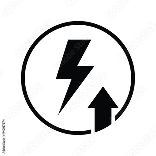 A simple black and white graphic depicts a lightning bolt above an upward pointing arrow all enclosed within a circular frame high quality professional detailed