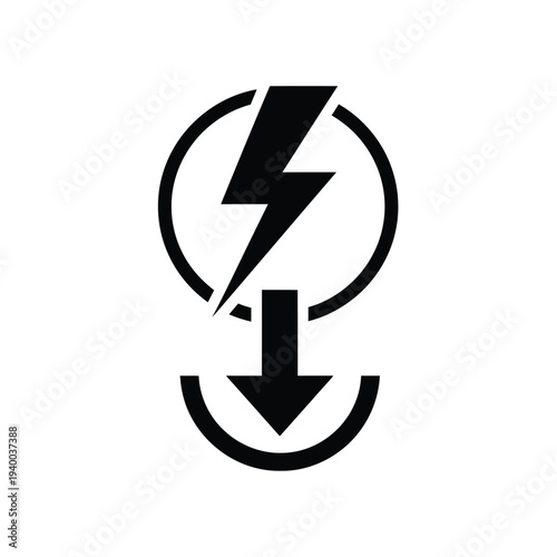 A stark black and white icon depicts a lightning bolt enclosed within a circular frame paired with a downward pointing arrow high quality professional detailed modern elegant
