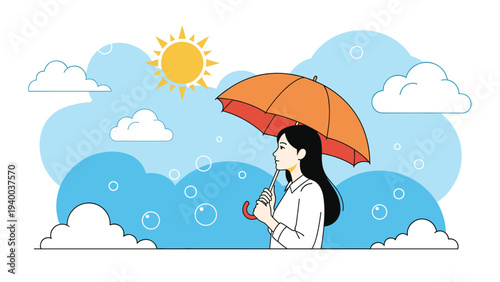 Serene woman with long black hair holding an orange umbrella during a sunshower with clouds and bubbles in the air.