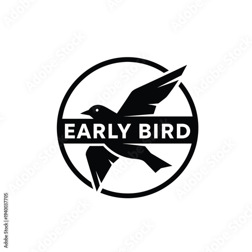 A sleek black and white logo features a bird in flight within a circular frame accompanied by the text early bird high quality professional detailed modern