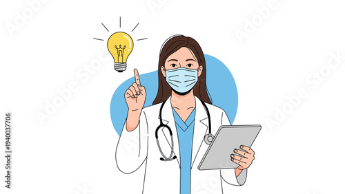 Professional female doctor wearing a mask and stethoscope pointing to a glowing light bulb and holding a digital tablet.
