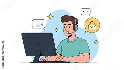 Friendly customer support representative wearing a headset and working on a computer with retail and shopping icons.