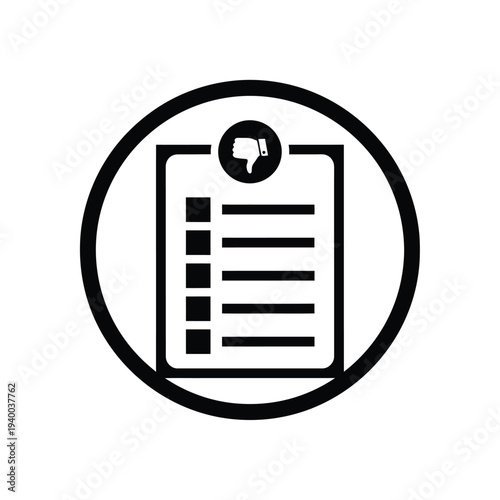 A black and white icon depicts a document with a thumbs down symbol representing disapproval or negative feedback high quality professional detailed modern elegant