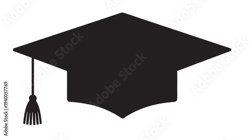 Mortarboard graduation cap with tassel, black silhouette for academic achievement and education symbols.