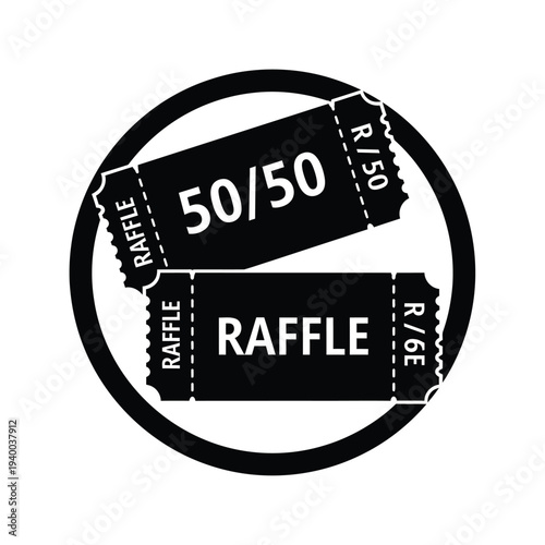A black and white graphic depicts two raffle tickets overlapping inside a circular frame prominently displaying the number 50 50 high quality professional detailed modern