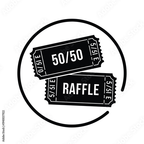 A black and white graphic features two raffle tickets enclosed within a circular frame displaying 50 50 and raffle text high quality professional detailed modern elegant stylish