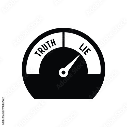 A stark black and white graphic depicts an analog gauge displaying a needle poised between the labels truth and lie high quality professional detailed modern elegant