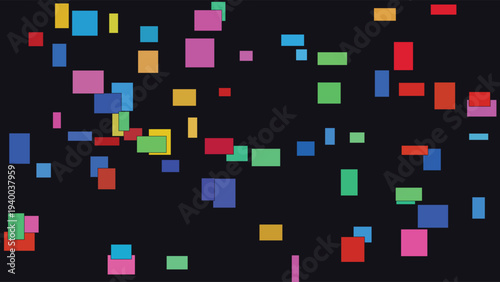 Stained glass-inspired mosaic art featuring vibrant, colorful squares scattered on a dark background, abstract tessellation design