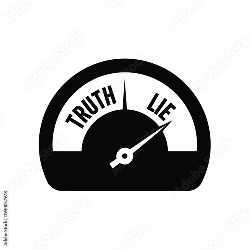 This stark black and white graphic depicts a gauge measuring the spectrum between truth and falsehood with a needle leaning towards truth high quality professional detailed