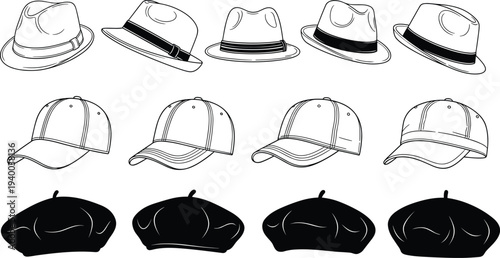Hat collection vector illustration set, fedora, baseball cap and beret styles, fashion headwear outline design, classic and modern hats